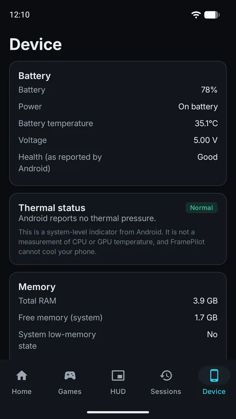 FramePilot device screen with battery, thermal status and memory cards and explanatory notes