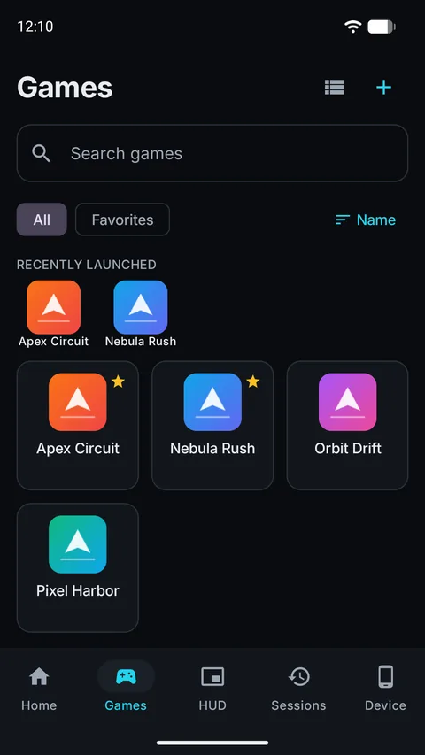 FramePilot game library with a recently launched row and a grid of games with favorites starred