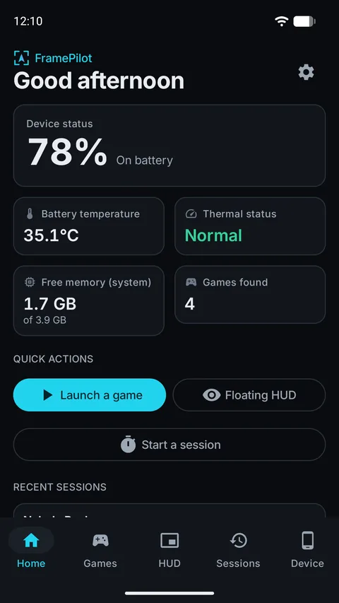 FramePilot home screen showing battery level, battery temperature, thermal status, free memory and number of games found.