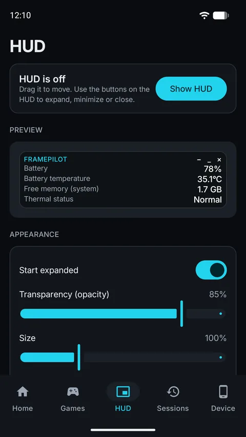 FramePilot HUD screen with a live preview and sliders for transparency and size