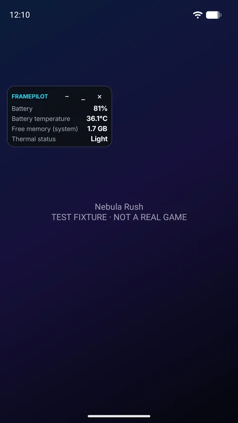 The FramePilot floating HUD shown over a test scene, with battery, temperature, memory and thermal status rows.